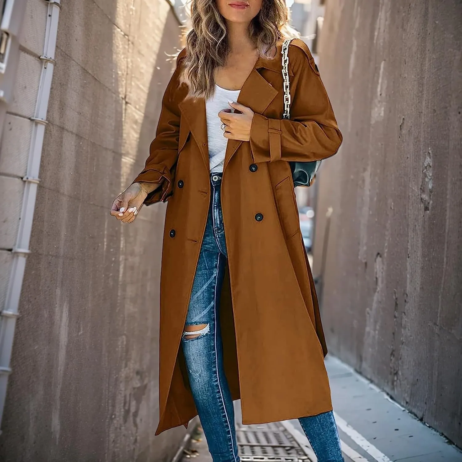 Trench Coat for Women Lapel Double Breasted Overcoat Long Trench Jacket Windproof Slim Fit Windbreaker with Belt