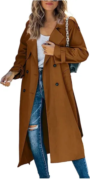 Trench Coat for Women Lapel Double Breasted Overcoat Long Trench Jacket Windproof Slim Fit Windbreaker with Belt