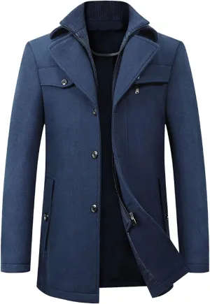 Trench Coat Mens Solid Color Mid-Length Overcoat Warm Turn-Down Collar Business Coats Single Breasted Slim Fit Jacket