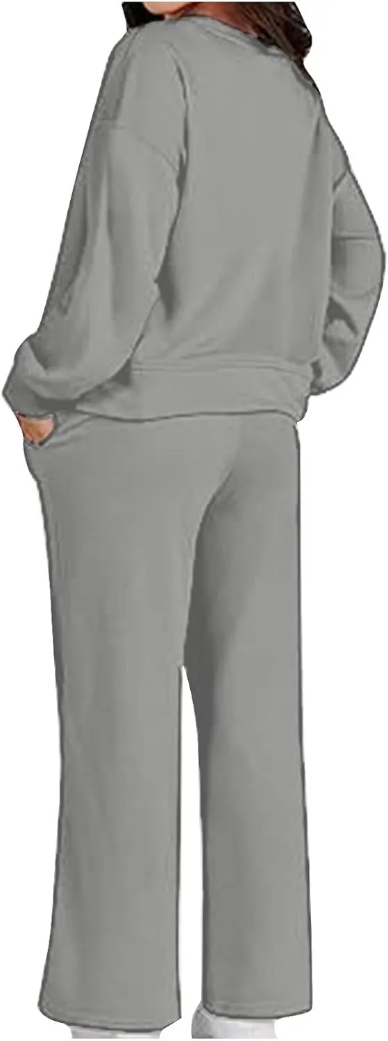 Two Piece Outfits For Women Sweatsuit Long Sleeve Sweatshirt And Wide Leg Sweatpant Lounge Set Matching Tracksuit