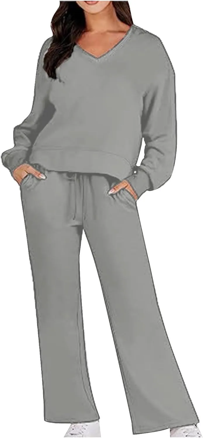 Two Piece Outfits For Women Sweatsuit Long Sleeve Sweatshirt And Wide Leg Sweatpant Lounge Set Matching Tracksuit