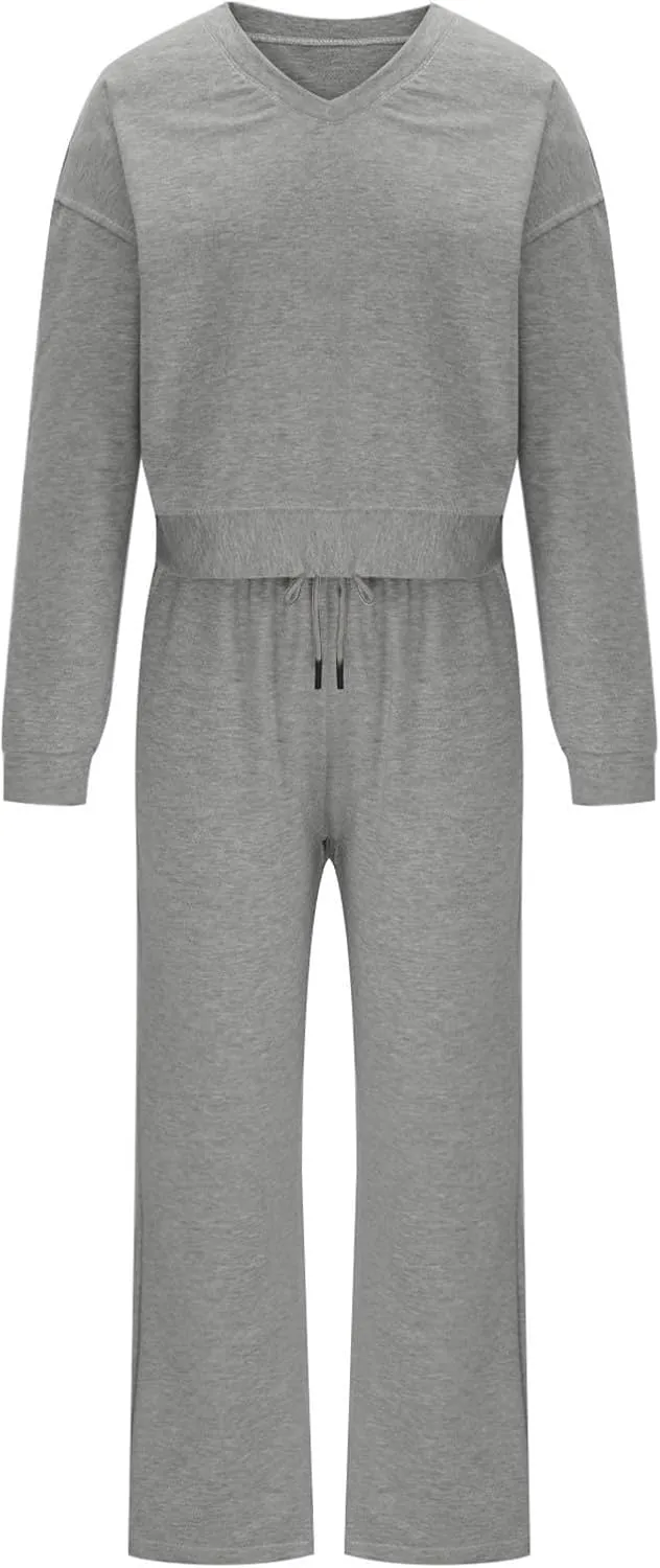 Two Piece Outfits For Women Sweatsuit Long Sleeve Sweatshirt And Wide Leg Sweatpant Lounge Set Matching Tracksuit