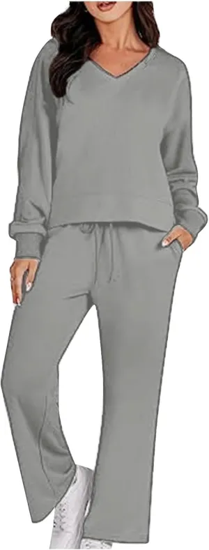 Two Piece Outfits For Women Sweatsuit Long Sleeve Sweatshirt And Wide Leg Sweatpant Lounge Set Matching Tracksuit