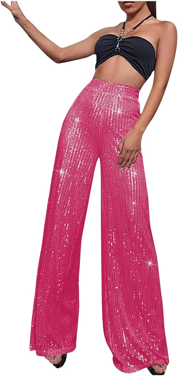 Uillui Sequin Palazzo Pants Women Fashion Glitter Sparkle Wide Leg Trousers for Party High Waist Straight Shimmer Long Pants