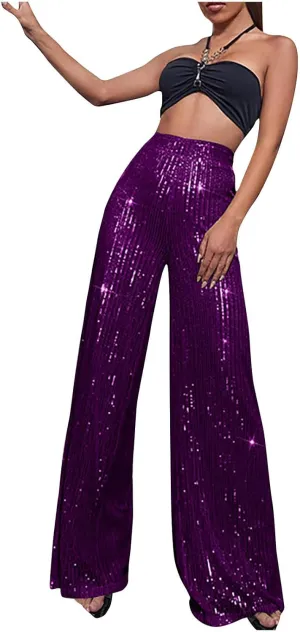 Uillui Sequin Palazzo Pants Women Fashion Glitter Sparkle Wide Leg Trousers for Party High Waist Straight Shimmer Long Pants