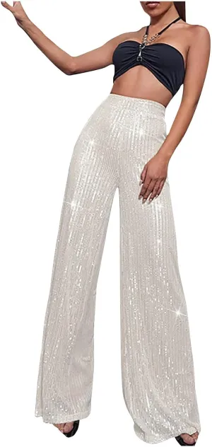 Uillui Sequin Palazzo Pants Women Fashion Glitter Sparkle Wide Leg Trousers for Party High Waist Straight Shimmer Long Pants