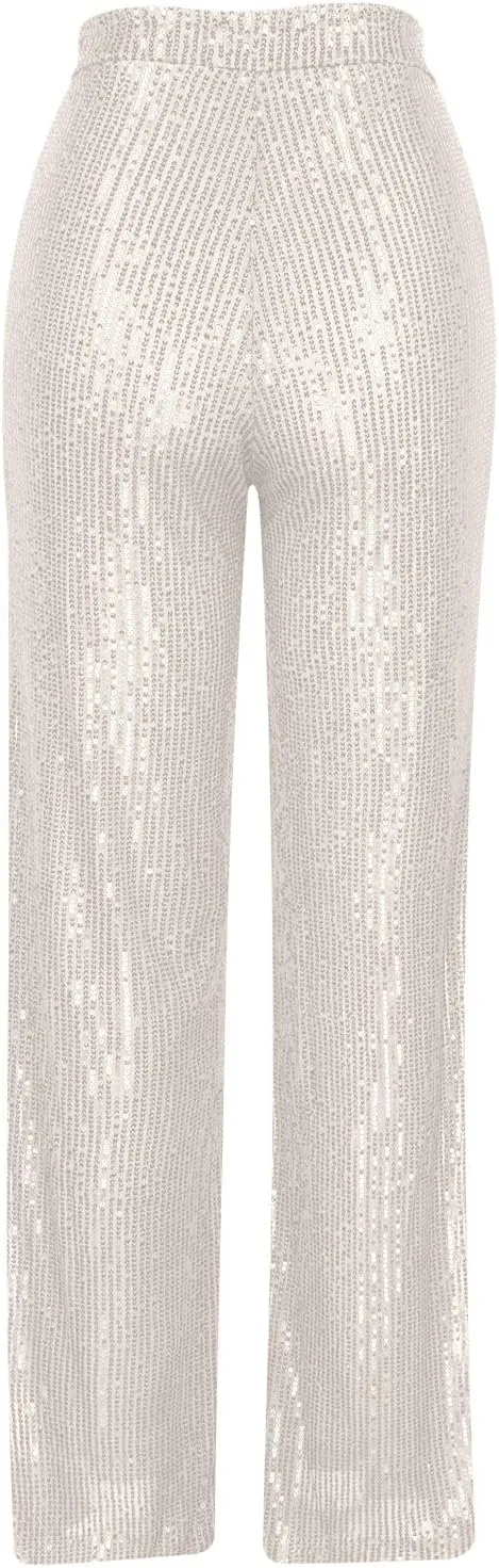 Uillui Sequin Palazzo Pants Women Fashion Glitter Sparkle Wide Leg Trousers for Party High Waist Straight Shimmer Long Pants