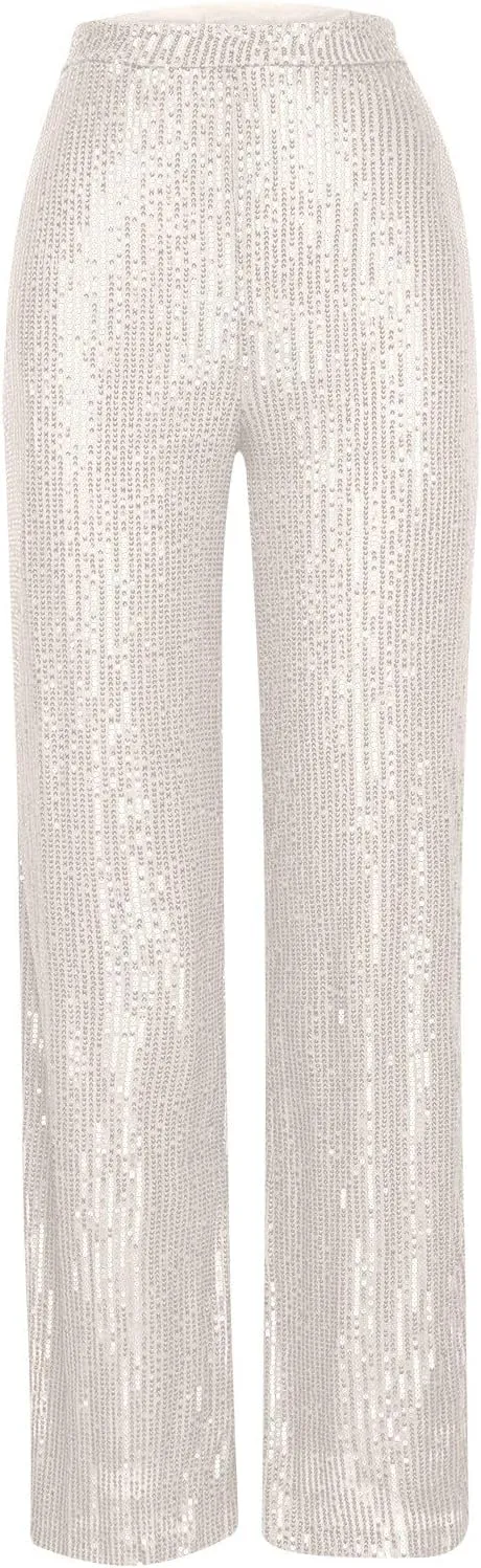 Uillui Sequin Palazzo Pants Women Fashion Glitter Sparkle Wide Leg Trousers for Party High Waist Straight Shimmer Long Pants