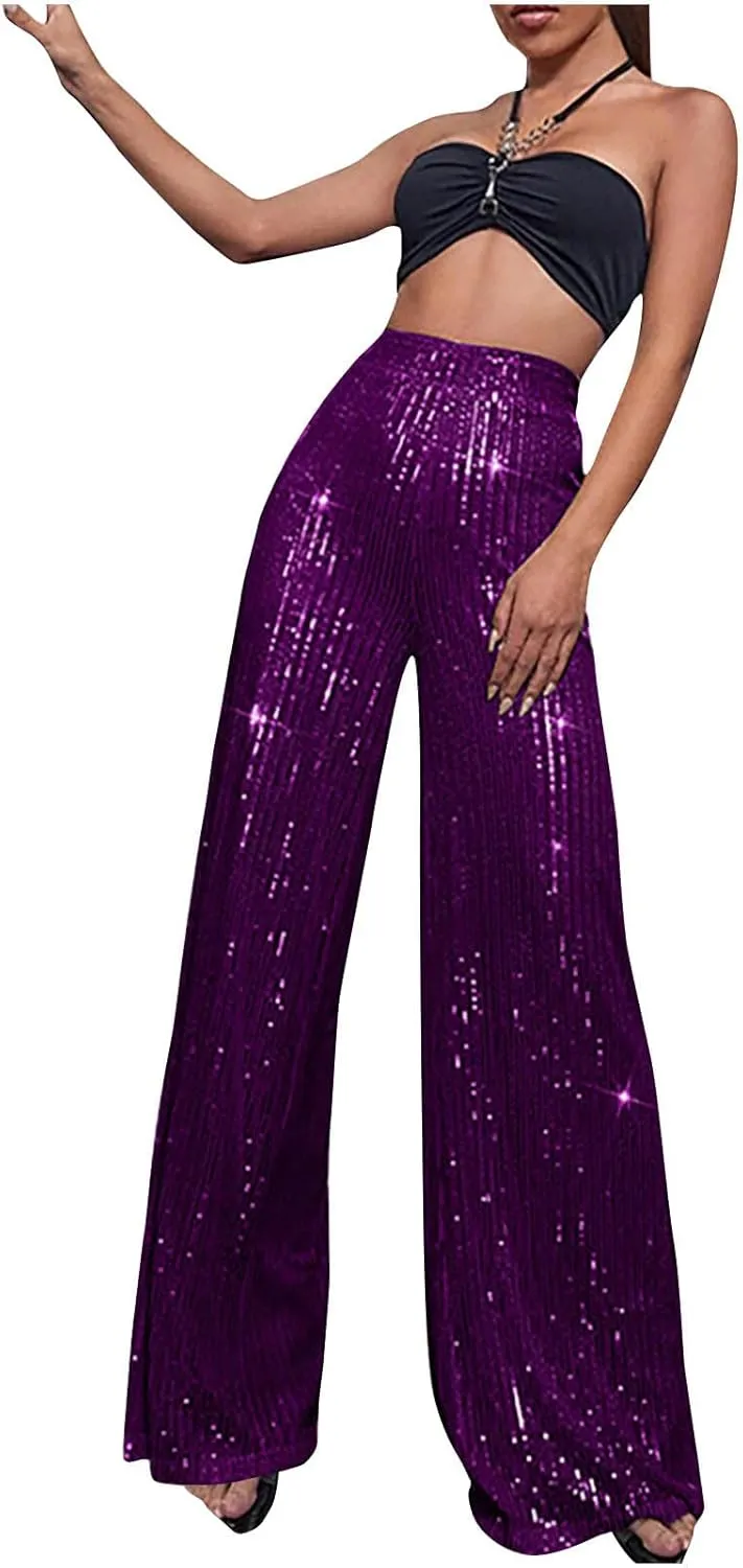 Uillui Sequin Palazzo Pants Women Fashion Glitter Sparkle Wide Leg Trousers for Party High Waist Straight Shimmer Long Pants