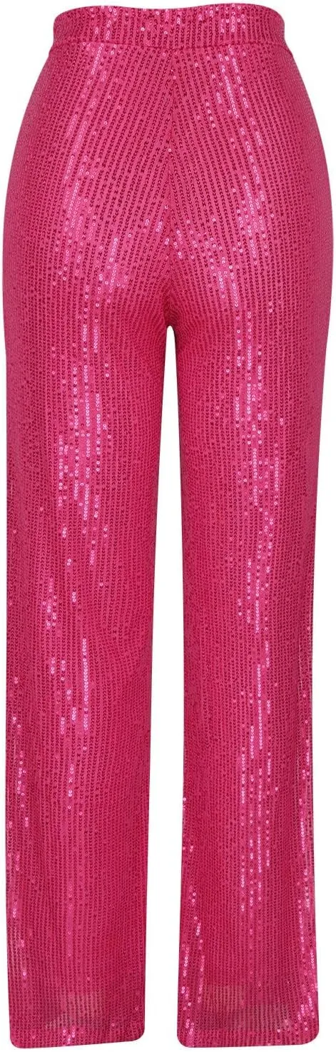 Uillui Sequin Palazzo Pants Women Fashion Glitter Sparkle Wide Leg Trousers for Party High Waist Straight Shimmer Long Pants