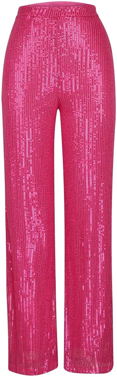 Uillui Sequin Palazzo Pants Women Fashion Glitter Sparkle Wide Leg Trousers for Party High Waist Straight Shimmer Long Pants