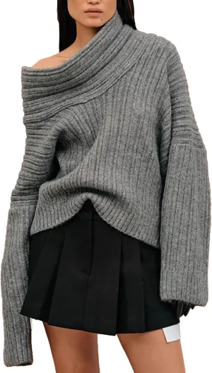 Unybwonn Women Off Shoulder Sweater Top Long Sleeve Knitted Pullover Casual Loose Oversized Trendy Vintage Knitwear Tops