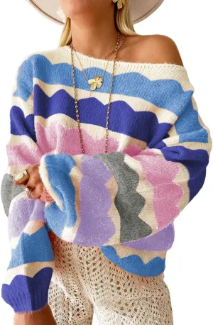 Urchics Womens Fall Long Sleeve Knit Sweater Oversized Drop Shoulder Striped Color Block Winter Pullover Sweater Tops