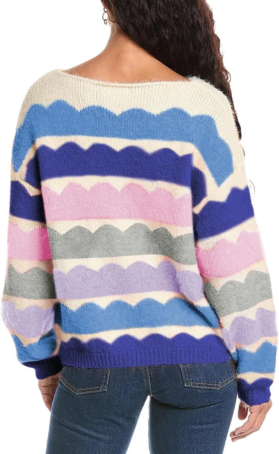 Urchics Womens Fall Long Sleeve Knit Sweater Oversized Drop Shoulder Striped Color Block Winter Pullover Sweater Tops