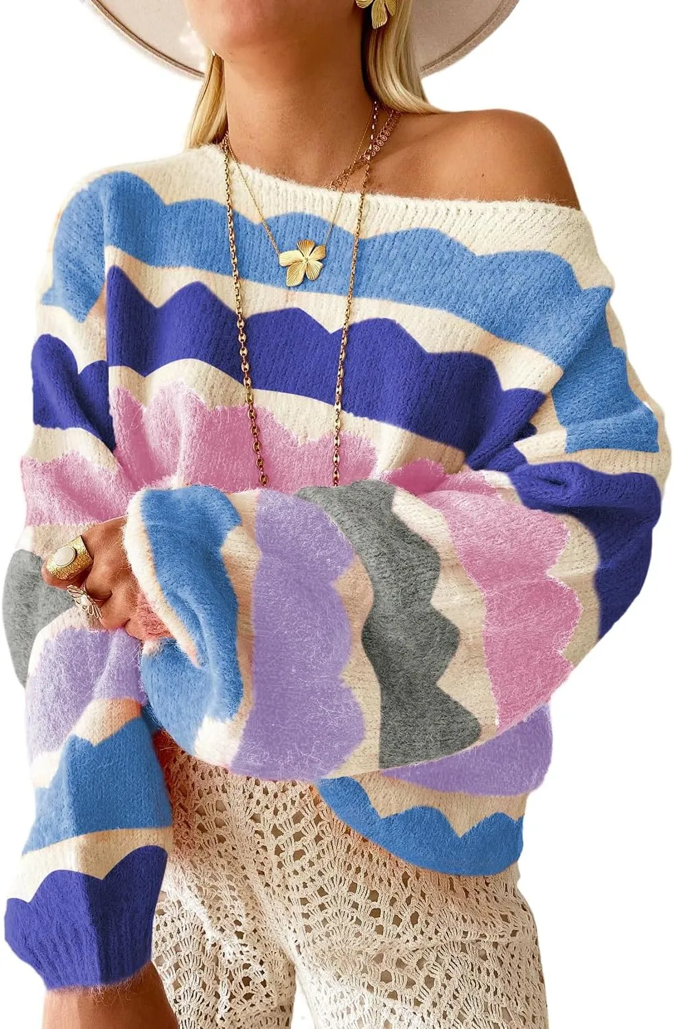 Urchics Womens Fall Long Sleeve Knit Sweater Oversized Drop Shoulder Striped Color Block Winter Pullover Sweater Tops
