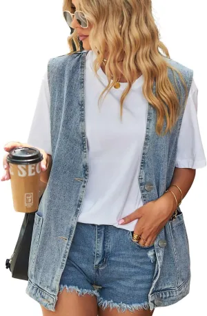 utcoco Casual Oversized Denim Vest Top for Women V-Neck Sleeveless Button Down Jean Vest Jacket with Pockets