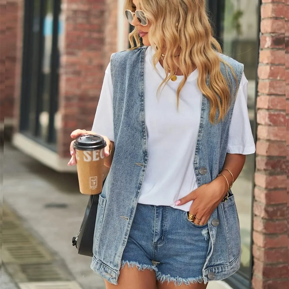 utcoco Casual Oversized Denim Vest Top for Women V-Neck Sleeveless Button Down Jean Vest Jacket with Pockets