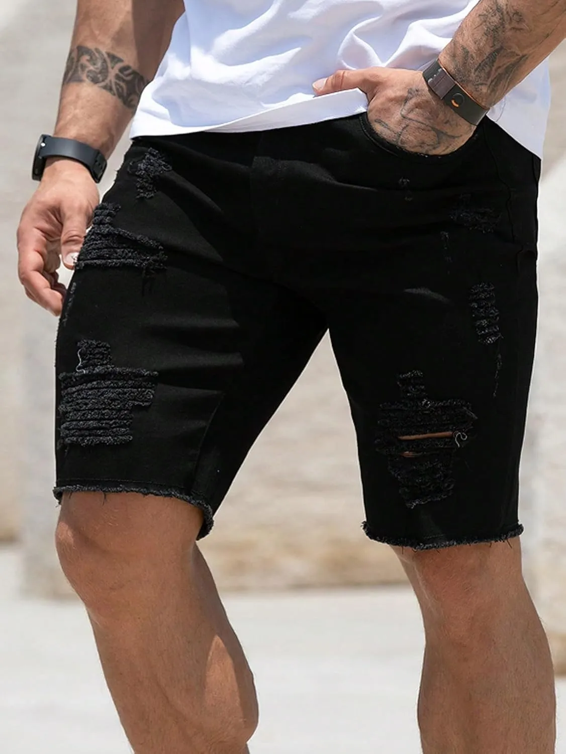 Verdusa Men's Straight Leg Ripped Raw Trim Denim Shorts Slim Fit Stretch Jean Shorts