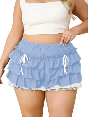 Verdusa Women's Plus Size Coquette Ruffle Shorts Bow Front Lace Trim Bloomer Shorts