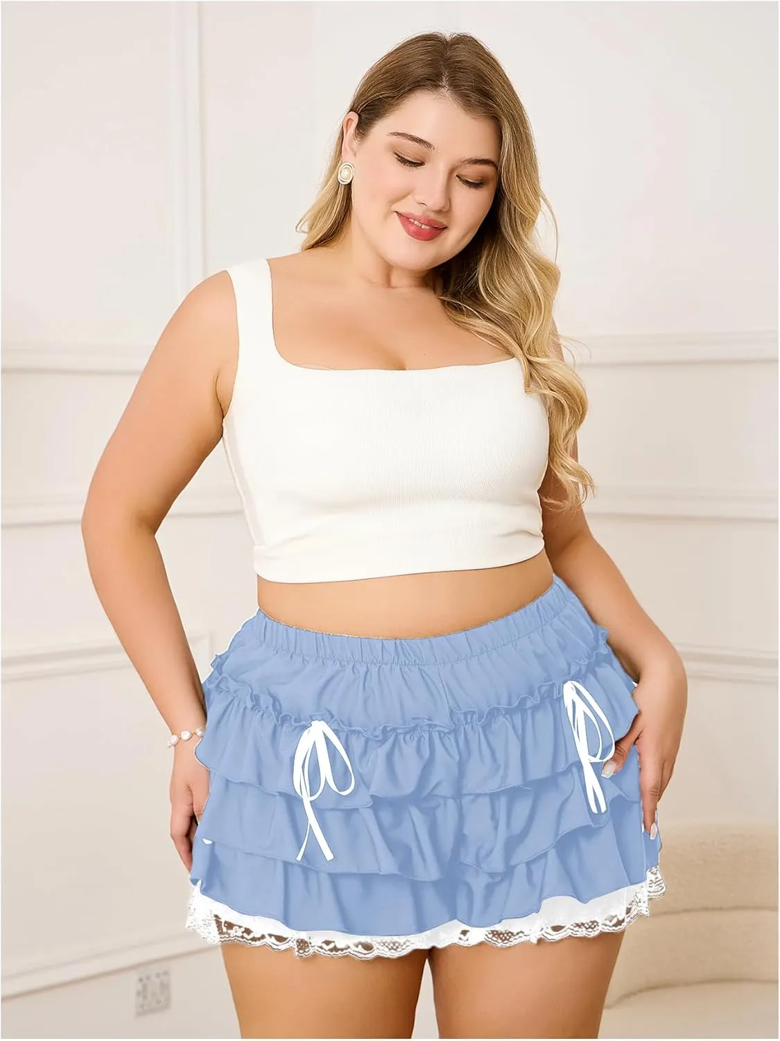 Verdusa Women's Plus Size Coquette Ruffle Shorts Bow Front Lace Trim Bloomer Shorts