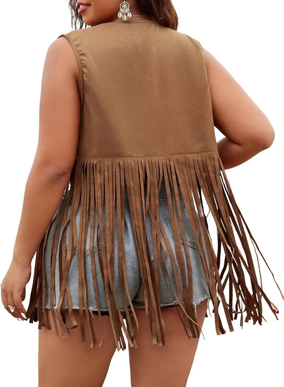 Verdusa Women's Plus Size Hippie Fringe Trim Sleeveless Western Open Front Vest Jacket