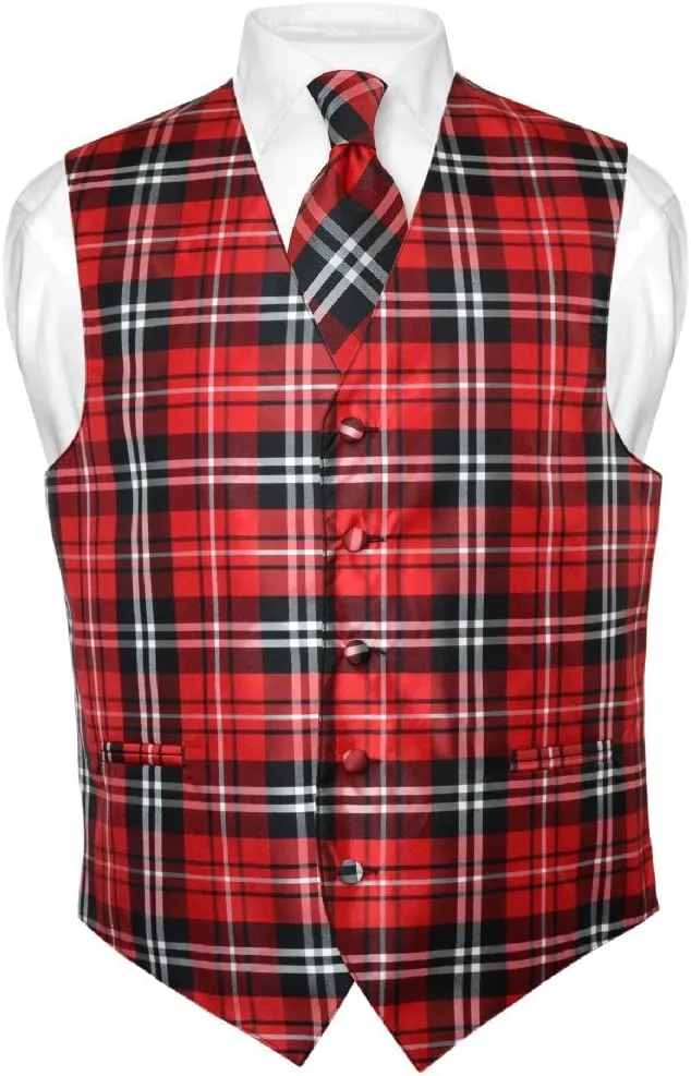 Vesuvio Napoli Men's Plaid Design Dress Vest & NeckTie Black Gray White Neck Tie Set