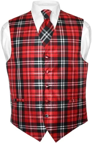 Vesuvio Napoli Men's Plaid Design Dress Vest & NeckTie Black Gray White Neck Tie Set