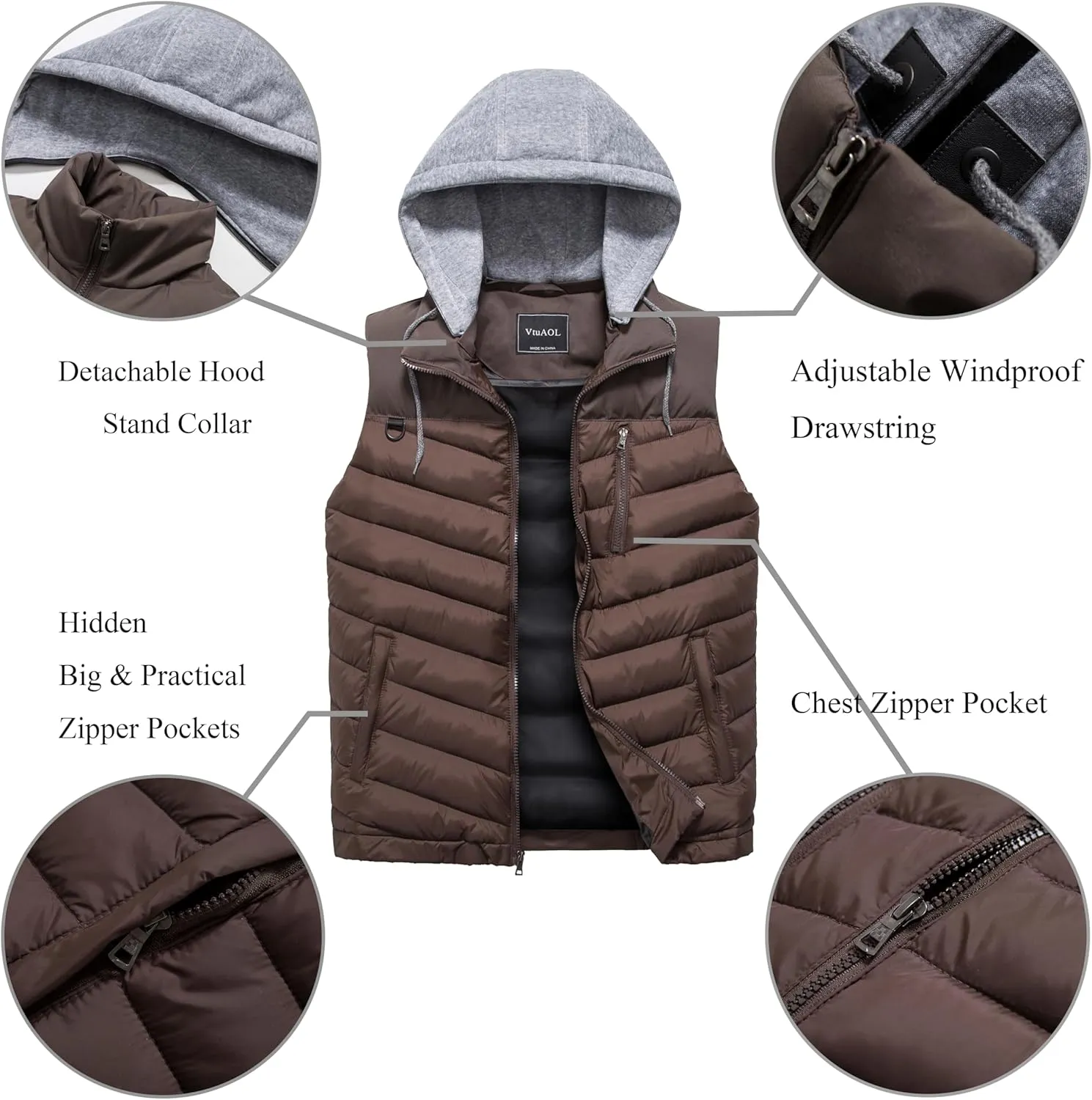 VtuAOL Men's Puffer Vest Outdoor Hooded Padded Vest Softshell Outerwear Vest for Travel Hiking