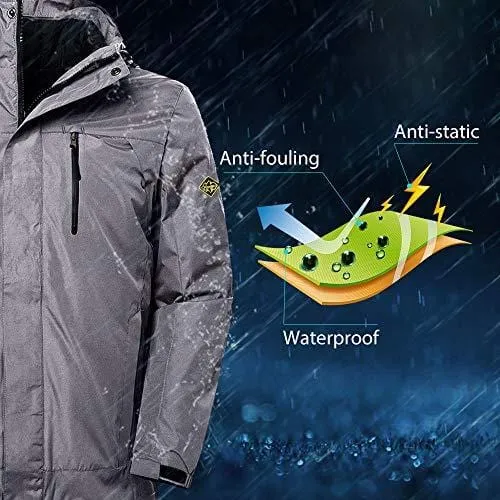 Wantdo Men's Windproof 3-in-1 Ski Jacket Waterproof Wind Breaker with Removable Puffer Liner Insulated Winter Coat for Hiking(Grey, Small)