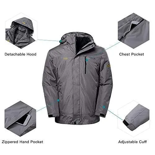 Wantdo Men's Windproof 3-in-1 Ski Jacket Waterproof Wind Breaker with Removable Puffer Liner Insulated Winter Coat for Hiking(Grey, Small)