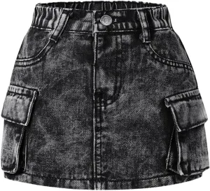WDIRARA Girl's Cargo Denim Mini Skirt High Elastic Waisted Jean A Line Bodycon Casual Skirts with Pockets