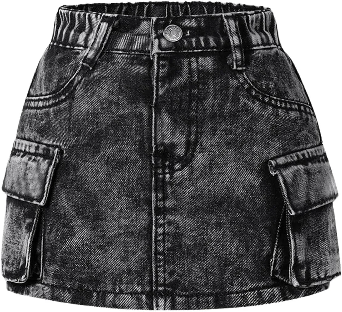 WDIRARA Girl's Cargo Denim Mini Skirt High Elastic Waisted Jean A Line Bodycon Casual Skirts with Pockets