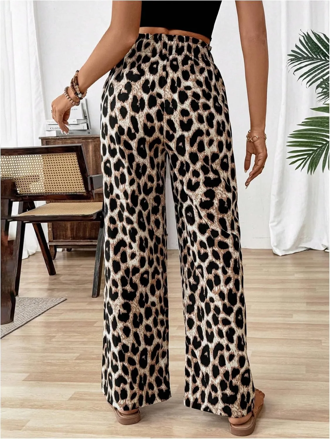 WDIRARA Women's Leopard Print Drawstring Waist Wide Leg Pants Loose Fit Palazzo Pants