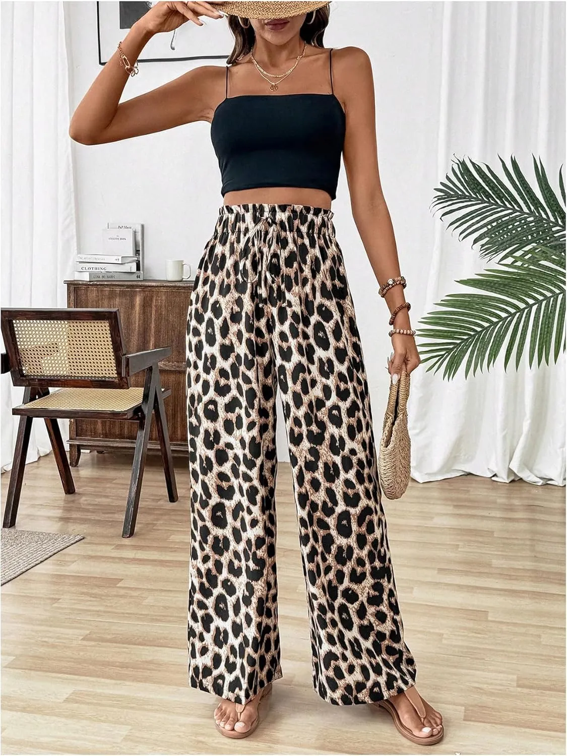 WDIRARA Women's Leopard Print Drawstring Waist Wide Leg Pants Loose Fit Palazzo Pants