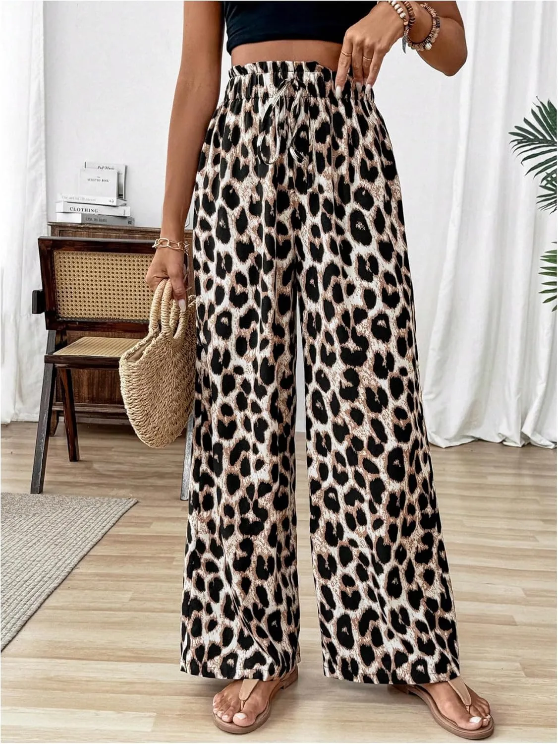 WDIRARA Women's Leopard Print Drawstring Waist Wide Leg Pants Loose Fit Palazzo Pants