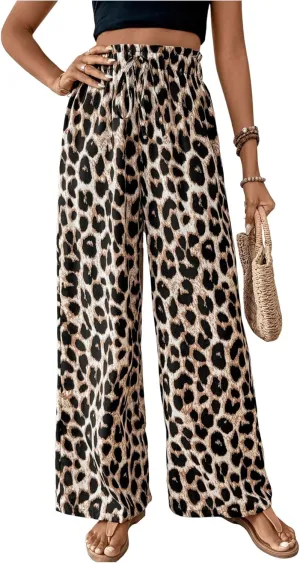 WDIRARA Women's Leopard Print Drawstring Waist Wide Leg Pants Loose Fit Palazzo Pants