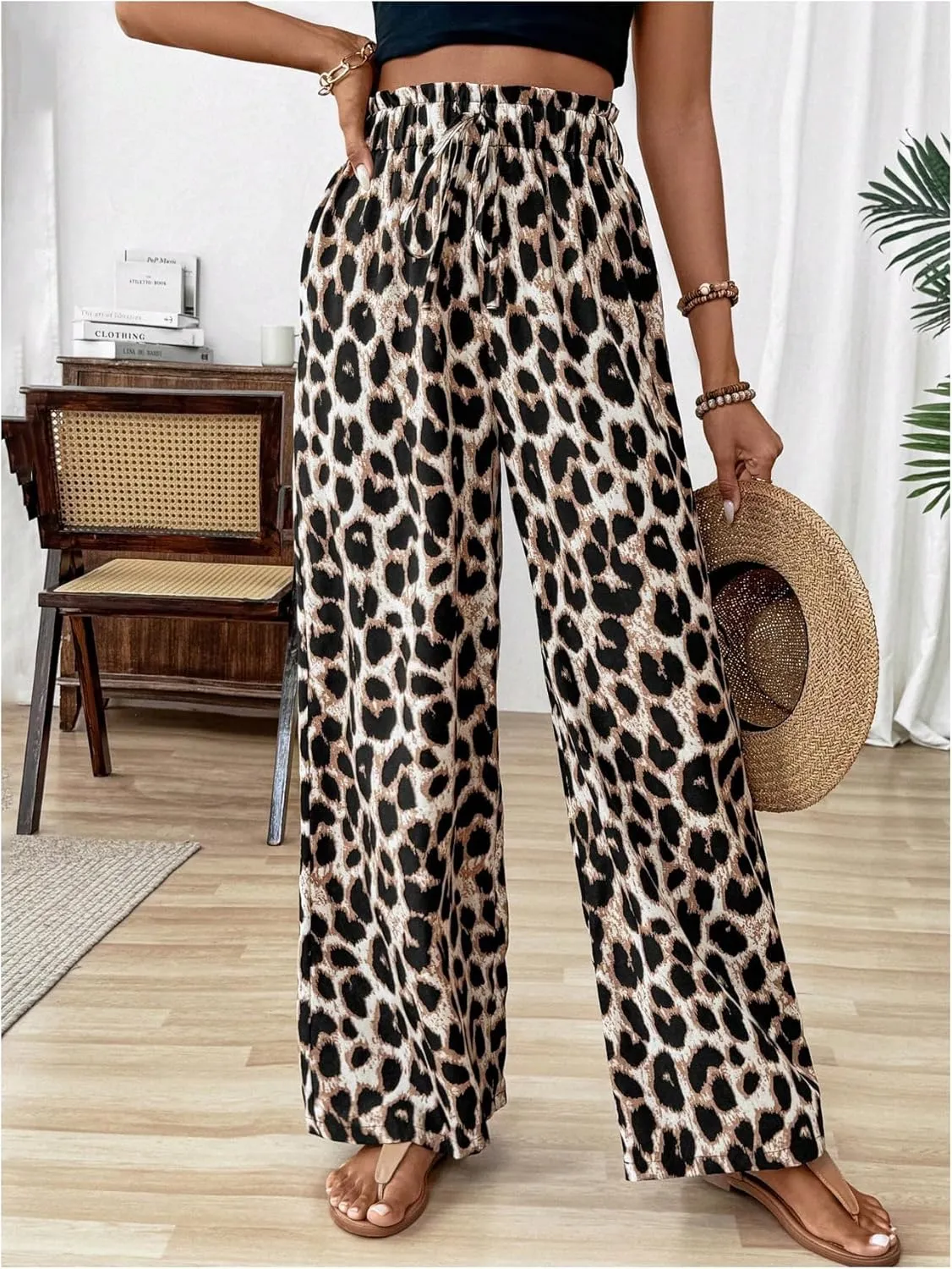 WDIRARA Women's Leopard Print Drawstring Waist Wide Leg Pants Loose Fit Palazzo Pants