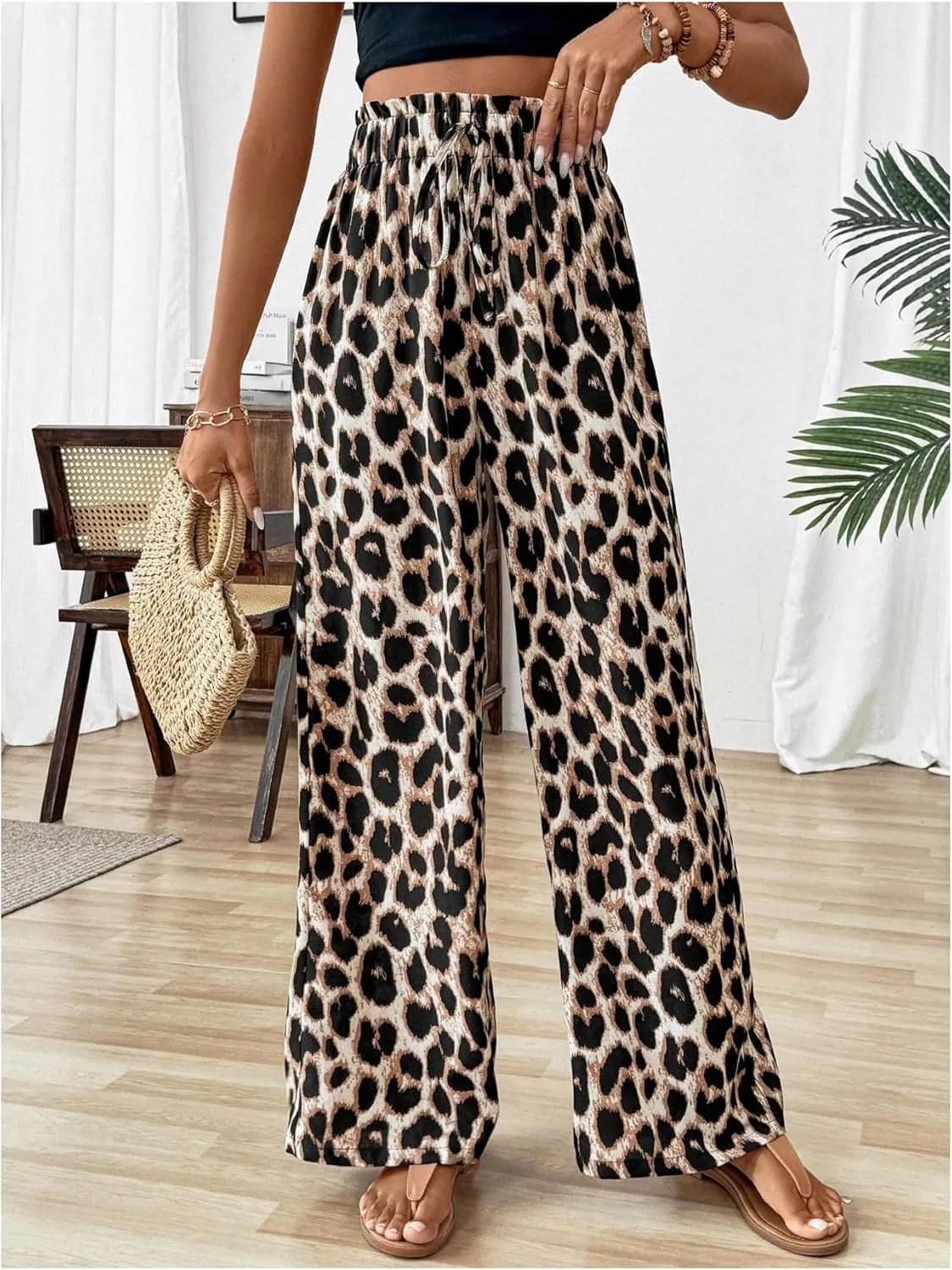 WDIRARA Women's Leopard Print Drawstring Waist Wide Leg Pants Loose Fit Palazzo Pants