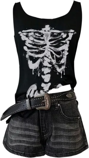 WDIRARA Women's Skull Graphic Tank Top Scoop Neck Sleeveless Tee Gothic Punk Tops