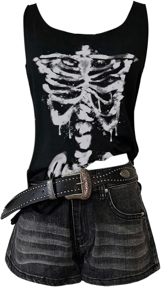 WDIRARA Women's Skull Graphic Tank Top Scoop Neck Sleeveless Tee Gothic Punk Tops
