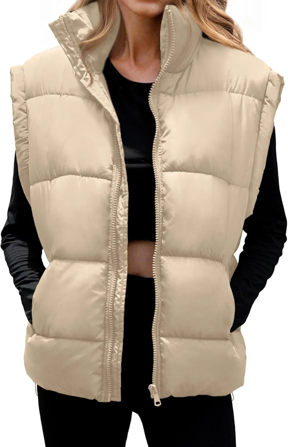 WHN Womens Oversized Puffer Vest Lightweight Winter Warm Stand Collar Padded Puffy Jackets Coats with Plush Pockets