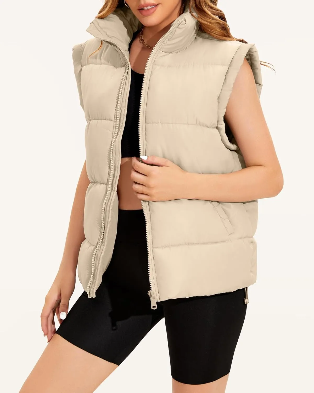 WHN Womens Oversized Puffer Vest Lightweight Winter Warm Stand Collar Padded Puffy Jackets Coats with Plush Pockets