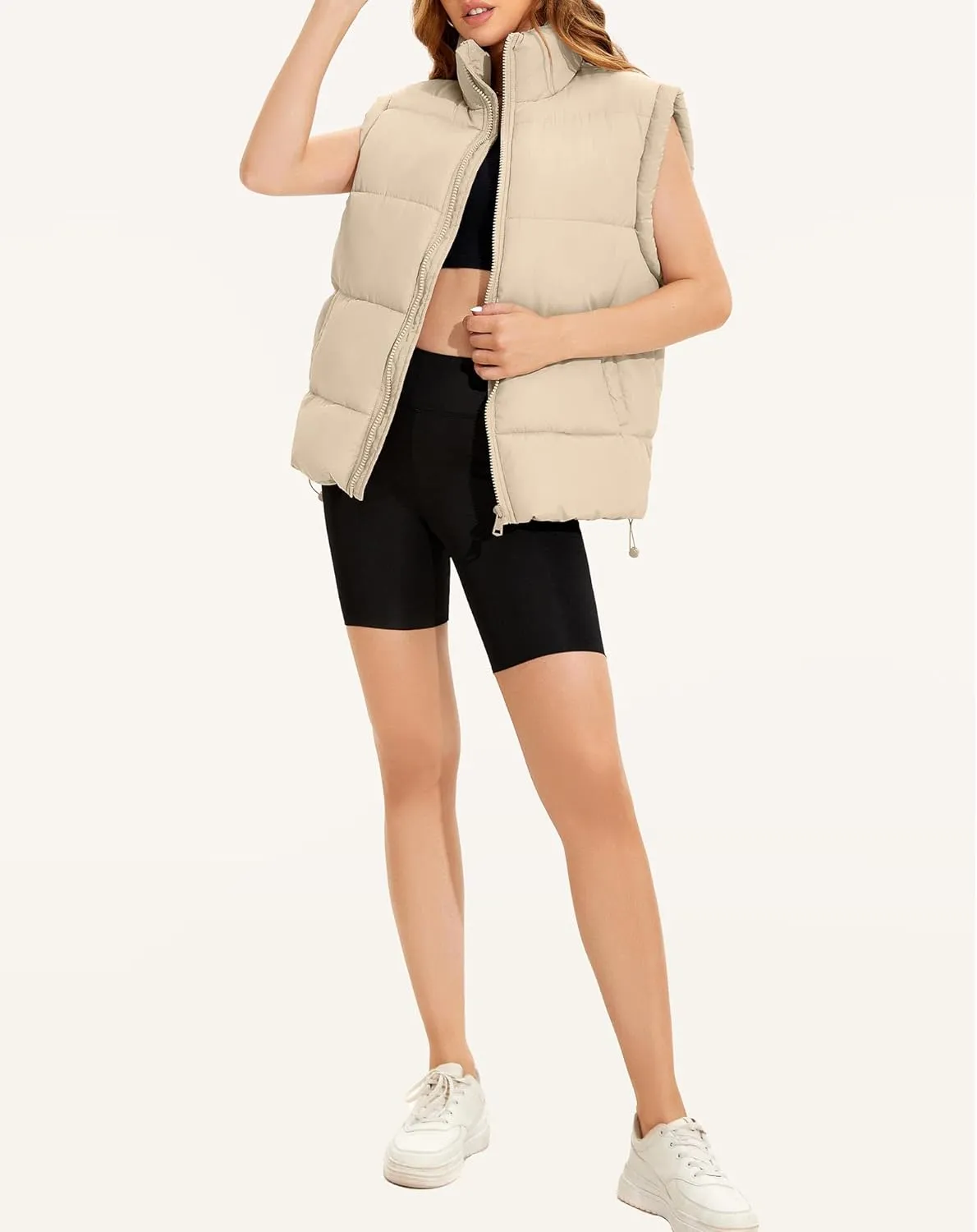 WHN Womens Oversized Puffer Vest Lightweight Winter Warm Stand Collar Padded Puffy Jackets Coats with Plush Pockets