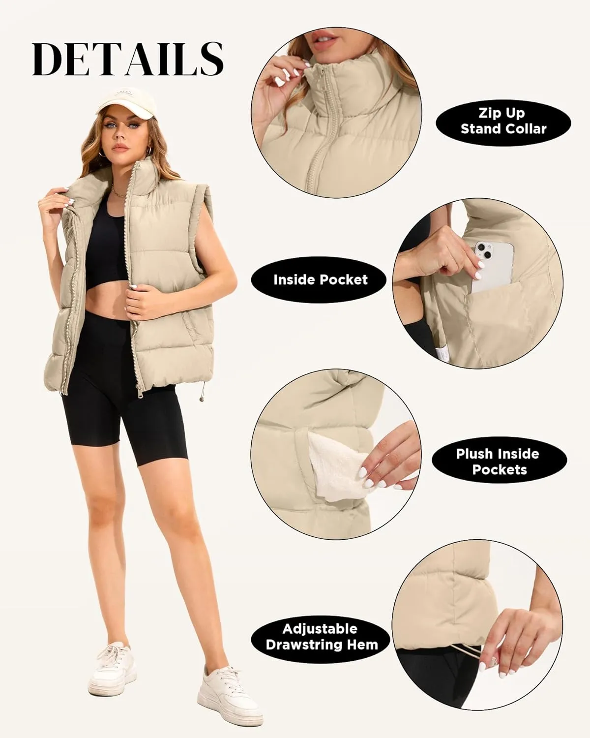 WHN Womens Oversized Puffer Vest Lightweight Winter Warm Stand Collar Padded Puffy Jackets Coats with Plush Pockets