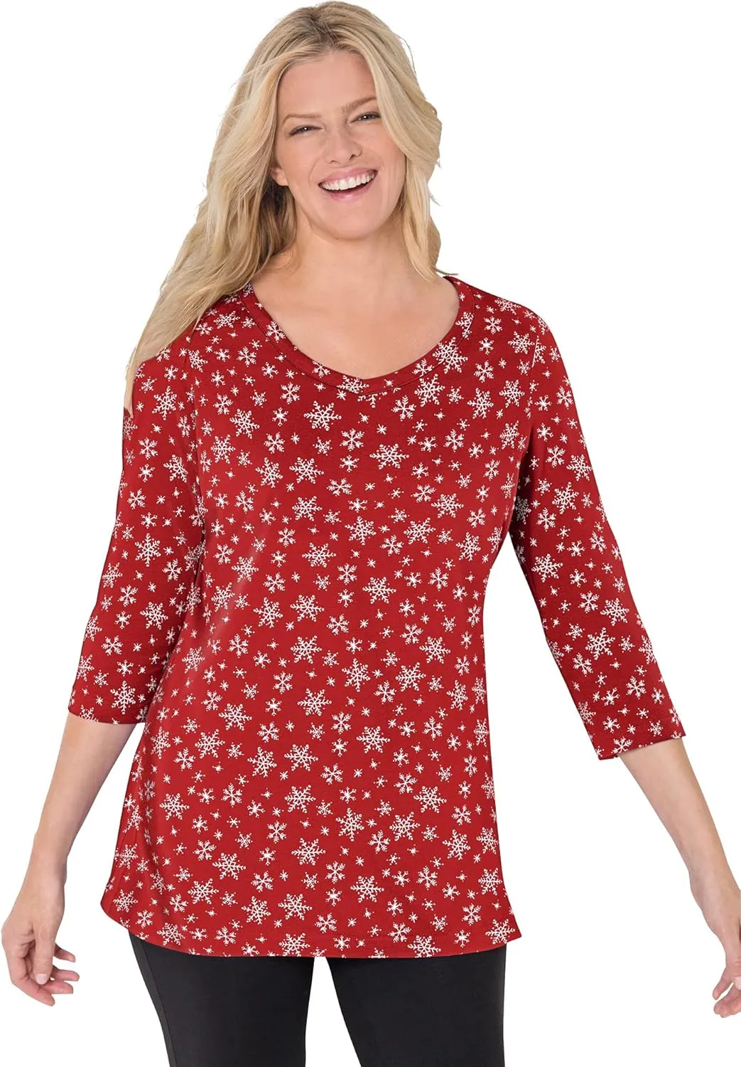 Woman Within Women's Plus Size Perfect Printed Three-Quarter Sleeve V-Neck Tee