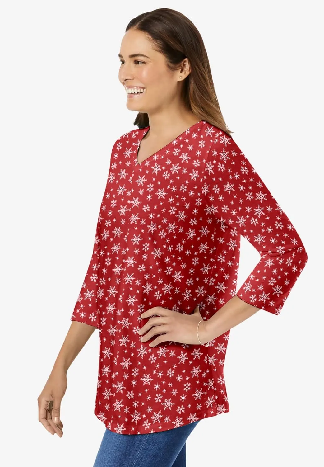 Woman Within Women's Plus Size Perfect Printed Three-Quarter Sleeve V-Neck Tee