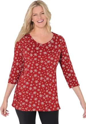 Woman Within Women's Plus Size Perfect Printed Three-Quarter Sleeve V-Neck Tee