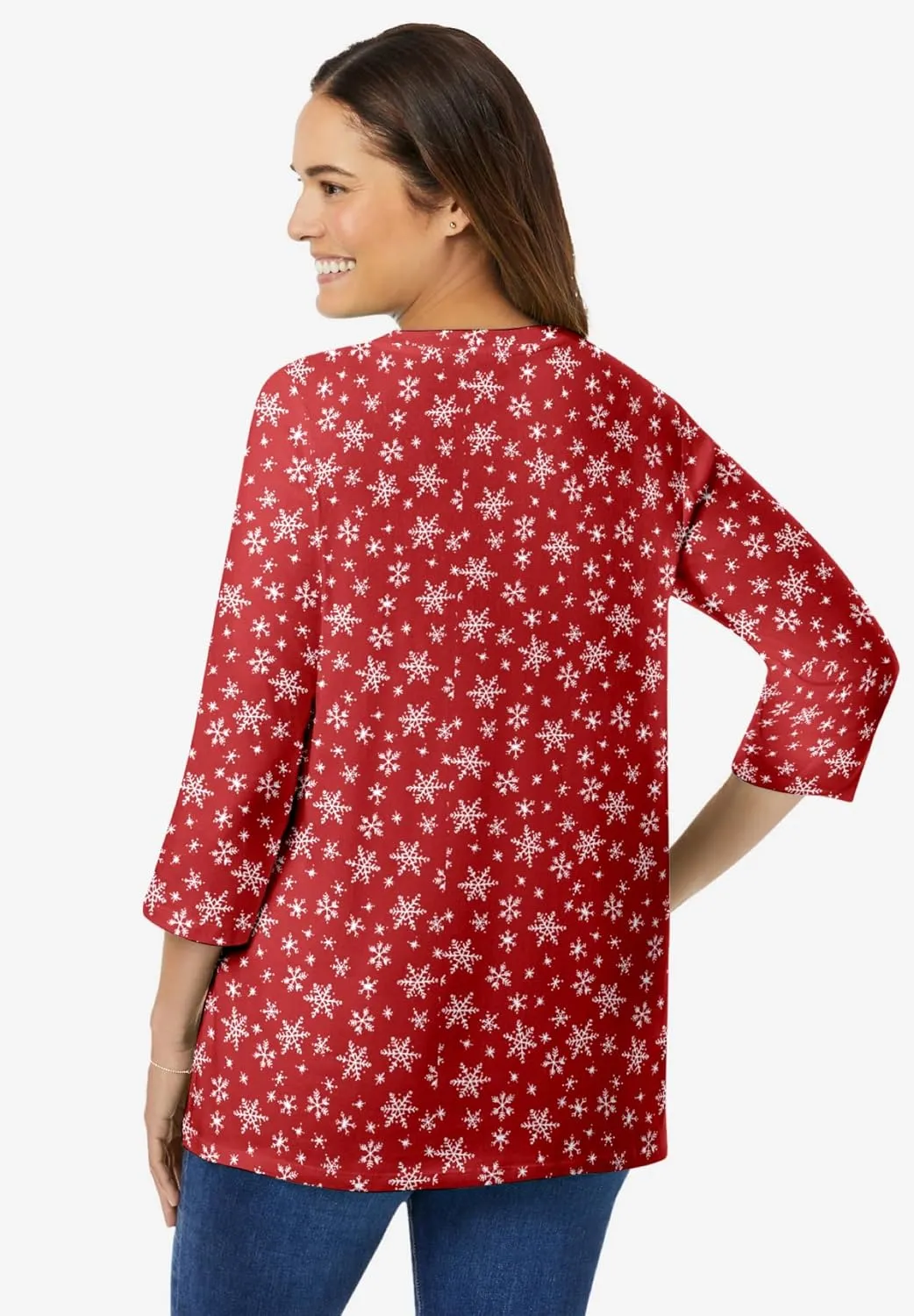 Woman Within Women's Plus Size Perfect Printed Three-Quarter Sleeve V-Neck Tee