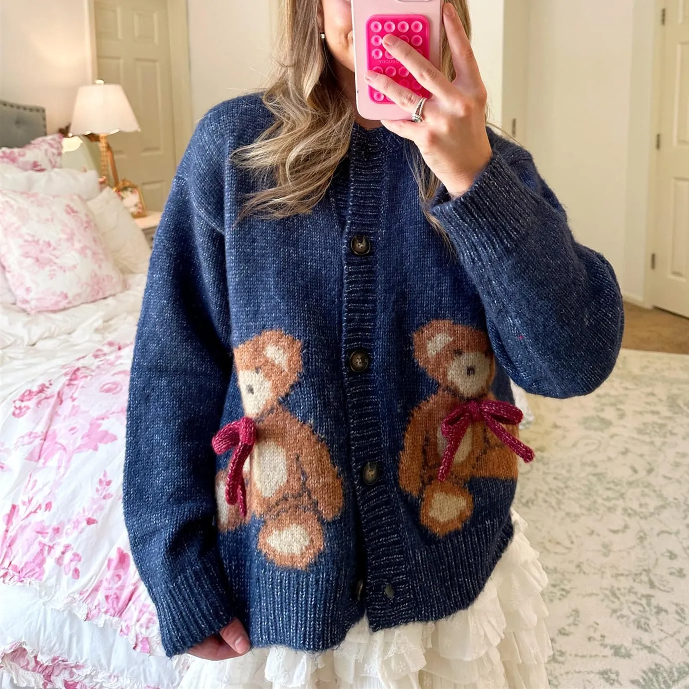 Women Button Down Cardigan Sweaters Cute Bow Bear Knitted Pattern Casual Fall Winter Cardigan Coats
