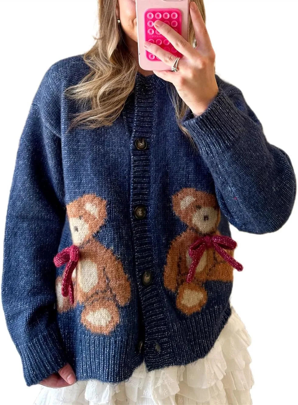 Women Button Down Cardigan Sweaters Cute Bow Bear Knitted Pattern Casual Fall Winter Cardigan Coats